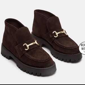 Steve Madden Leon Dark Brown Suede Ankle Loafers with Gold Bit